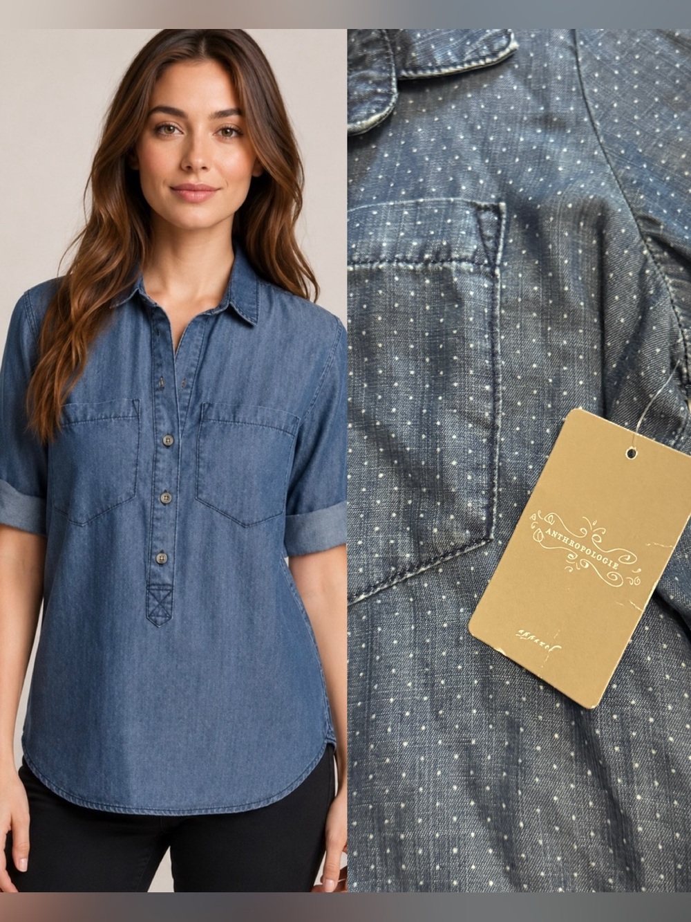 NWT Anthropologie Cloth & Stone Denim Lyocell Polka Dot Popover Shirt Size XL